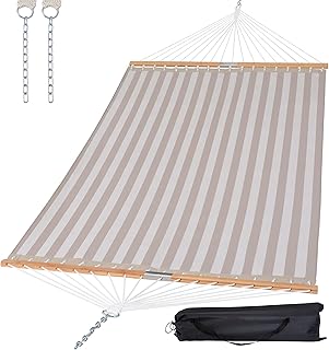 SUNCREAT Hammocks 14 FT Quick Dry Hammock Double Size with Spreader Bar, 2 Person Hammock for Outdoor Patio Yard Poolside, 450 lbs Capacity, Light Gray Stripes