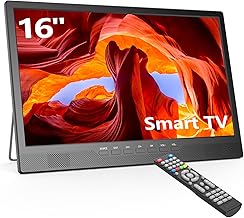 Desobry 16 Inch Small Smart TV, LCD Small Kitchen TV with WiFi, Bulit-in 180°Adjustable Stand/ATSC Tuner/HDMI/AV/USB for Camping, Bedroom, RV, Patio, Indoor & Outdoor Use
