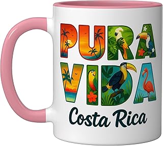 Pura Vida Costa Rica Ceramic Mug, Pink/White
