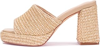Raffia Heeled Sandals for Women,Platform Wedge Slip On Block Heel, Dressy Summer Open Toe Chunky High Heel Vacation Beach Slides Sandals