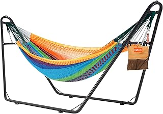 Lazy Daze Hammocks Handwoven Mayan Hammock with Heavy Duty Steel Stand, 10.5 FT Soft Rope Double Hammock for Patio Outside, 550 lbs Weight Capacity, Multi Color
