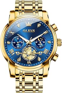 Men Watches Stainless Steel Chronograph Watch, Large Wrist Analog Quartz Watch, Fashion Waterproof Diamond Roman Numerals Dress Watches for Men, Gold/Black/White/Blue/Grey Dial