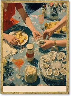 Framed Vintage Dining Scene Poster Canvas Wall Art Prints Modern Painting Pictures Wall Decor Elegant Kitchen Decoration for Dining Room Apartment (Gold Framed,24L X36W)
