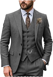 Men's Classic Suits Regular Fit 3 Piece Prom Tuxedos Tweed Herringbone Jacket+Vest+Trousers Wedding Grooms