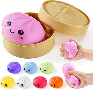 Dumpling Squishies, Glitter Dumpling Mystery Box, Colorful Dumplings Stress Balls Fidget Sensory Toy, Stocking Stuffers with Food Steamer Stretchy Desk Toys (Pink)