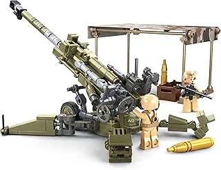 US Army 155mm Howitzer Building Set – 258 Pieces – WWII Korea Vietnam Artillery Model – Army Green with Camouflage – Includes 2 Soldier Figures – Rotating Turret – Compatible Bricks