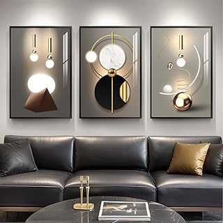 Framed Large Modern Abstract Wall Art for Living Room, Set of 3 Piece Black and White Gold Luxury Artworks, Geometric Painting Print for Dining Room Entryway Hallway Home Office Wall Decor, 24x36 In