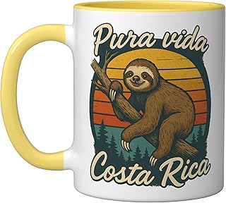 Pura Vida Costa Rica Sloth Sunset Ceramic Mug, Yellow/White