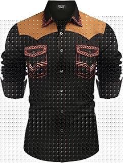 Men's Western Cowboy Shirt Embroidered Long Sleeve Slim Fit Casual Cotton Button Down Hippie Shirts with Pockets