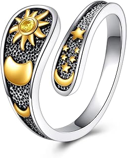 Sun and Moon Rings 925 Sterling Silver Moon and Star Ring Spoon Rings for Women Open Rings Adjustbale 6-9#