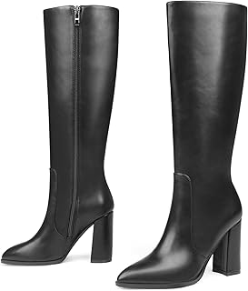Women's Knee Boots Closed Toe Chunky Heels Side Zipper Boots