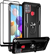 for Samsung Galaxy A21s Case with Tempered Glass Screen Protectors, Military-Grade Metal Ring Kickstand 15ft Drop Tested Shockproof Cover for Samsung Galaxy A21s Black