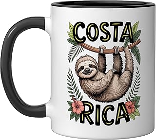Costa Rica Jungle Animal, Cute Sloth Hanging from a Branch Ceramic Mug, Black/White