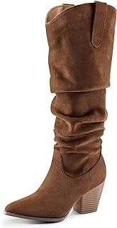 Women's Cowboy Knee-High Boots Pointed Toe Mid Chunky Heel Pull On Slouchy Boots with Zippers