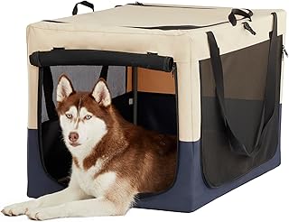 Portable Soft-Sided Dog Crate with Mesh Windows, Collapsible Pet Travel Carrier with Storage Pocket, Lockable Zipper, PVC Coating Bottom, Non-Slip Feet, Beige and Navy Blue
