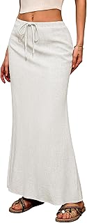Linen Flared Maxi Skirt with Back Slit - Elastic Waist Drawstring Long Flowy Ankle-Length Skirt