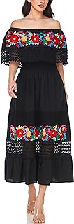 Women Embroidered Mexican Peasant Casual Sexy Lace Off-Shoulder Long Dress