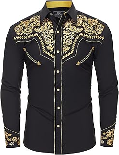 Western Embroidered Cowboy Shirts for Men, Casual Button Down Long Sleeve Shirt with Floral Design