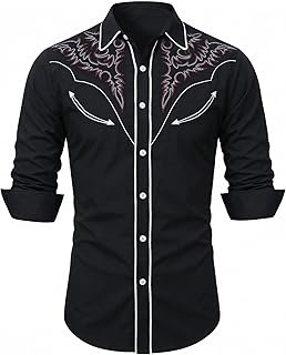 Men's Cowboy Shirt Embroidered Western Shirts Long Sleeve Slim Fit Button Down Shirt Casual Work Country Rodeo Outfit