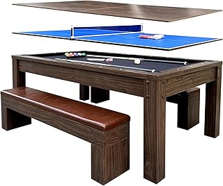8ft Dining Pool Table Combo with Game Accessories, 3-in-1 Multi-Functional Game Table with Ping Pong & Dining Top & 2 Benches, for Play & Dining