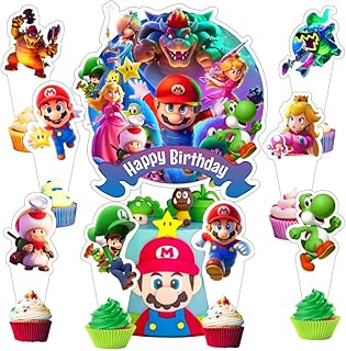 25Pcs Mario Galaxy Movie Cake Decorations with 24pcs Cupcake Toppers, 1pcs Big Cake Topper for Kids Birthday Party Supplies