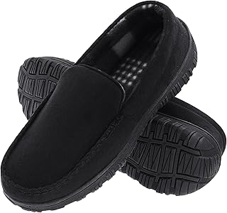 Mens Moccasin Slippers Size 8-14,Memory Foam House Shoes with Rubber Indoor Outdoor Sole, Machine Washable