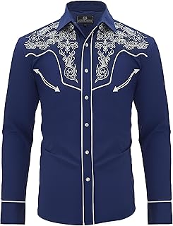 Men's Western Cowboy Shirt Embroidered Long Sleeve Casual Snap Button Down Shirt