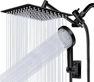 Shower Head,10”Rain Shower Head with Handheld Spray Combo with 11'' Angle Adjustable Extension Arm/Flow Regulator/Shower System,High Pressure Rainfall Shower Head Clean Bathroom,Matt Black