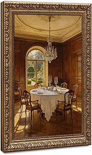 Elegant European Classical Dining Room Oil Painting Canvas Poster Wall Decor Luxury Chandelier Garden View Interior Art Print For Villa Dining Room Elegant Retro Gold Frame 12" L X 18" W