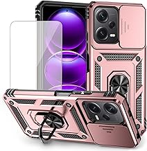 for Redmi Note 12 Case, Poco X5 5G with Tempered Glass Screen Protector and Slide Camera Cover, Magnetic Ring Car Mount Holder Kickstand Protective Cover for Xiaomi Redmi Note 12 5G Rose Gold