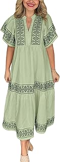 Women's Summer Printed Floral Dress Casual Notch Neck Cotton Midi Long Mexican Tunic Dress