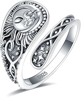 S925-Sterling-Silver Abalone Dragonfly-Turquoise Spoon Ring - Vintage Boho Sunflower Thumb Oxidized Wrap Rings Victorian Style Antique Floral Jewelry Gifts for Women