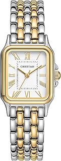 Gold Watches for Women with Vintage Rectangular Case,26mm Case Diameter,Black Roman Numerals,Metal Steel Band,3ATM Waterproof