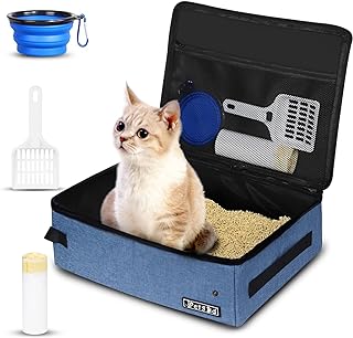 Petskd Portable Cat Travel Litter Box with Lid and 10 pcs Disposable Liner Bags, Leak-Proof and Collapsible, Cat Travel Essentials for Car, Hotel, Airplane and Other Outdoor Use(Blue)