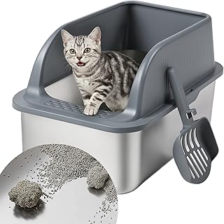 Stainless Steel Cat Litter Box with High Sided Lid, Metal Kitty Litter Box with Scoop for Small & Medium Cats, Anti-Urine Leakage, Easy to Clean, Non-Sticky, Grey