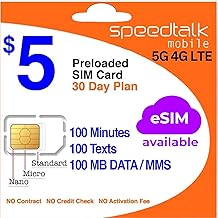 SpeedTalk Mobile $5 Prepaid Wireless Pay Go Plan for Smartphones & Cellphones | 5G 4G LTE | 100 Talk, 100 Text, 100 MB Data |Triple Cut (Mini,Micro,Nano) Sim Card | No Contract | 30-Day Service