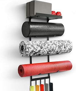 Yoga Mat Holder Wall Mount, Home Gym Storage Rack with Top Floating Shelf, 4-Tiers Holding Yoga Mat/ Blocks/ Rollers and Decorations, 5 Hooks for Resistance Bands, Skipping-Rope, Small Gym Equipment
