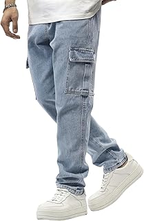 Men's Elastic Waist Cargo Jeans Stretch Denim Pants with Drawstring Relaxed Fit for Casual Daily Wear
