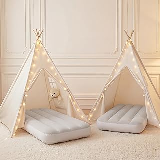 wilwolfer 2 Pack Teepee Tent for Kids with Inflatable Airbed, Indoor Play Tent Foldable for Boys Girls Party Sleepover Slumber Gifts Toy