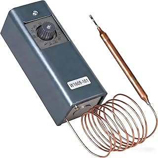 W1609-101 Commercial Refrigeration Thermostat, 8°F On-Off Differential, Dual F/C Dial, 5Ft Copper Capillary, -30°F to 90°F Temp Range, Dustproof Steel Housing