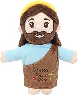 Yelakey Jesus Plush 10", Jesus Plush Stuffed Doll with Halo, White-Skinned Big-Eyed Cute Plushie Gifts for Kids, Christian Stuff Religious Party Toys for Church Easter Christmas Baptisms Favors