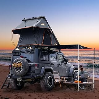 Adventurer Pro Rooftop Tent Hard Shell with Side Awning&LED Light Strip, 2-3 Person Roof Top Tent for 4 Season Camping, Aluminum Pop Up Roof Tent for Truck Jeep SUV Van Trailer