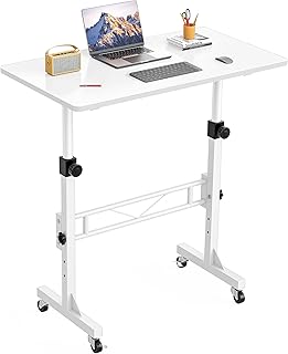 HOMIDEC Standing Desk, 32 Inch Portable Small Desk Adjustable Height, Rolling Home Office Desks with Wheels, Sit Stand Desk for Bedroom Walking Pad Home Office Small Space, White