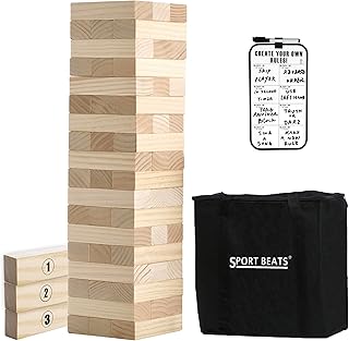 Outdoor Games Large Wooden Tower Stacking Game - 54 Premium Pine Blocks Stack up to 4FT with Custom Rules Board & Heavy Duty Carry Bag - Outdoor Lawn Games for Backyard Parties, Camping, Tailgating