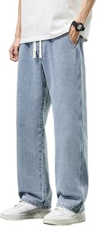 Men's Regular Fit Straight Leg Baggy Jeans Drawstring Elastic Waist Loose Fit Y2K Denim Pants with Pockets