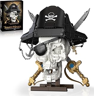 Pirate Skull Building Set with Sword Moving Jaw & Removable Hood, Caribbean Horror Skeleton Head Collectible Model Kit Home Decor for Adults Boys