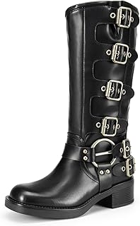 Women's Knee High Riding Boots Side Zipper Motorcycle Boots Square Toe Chunky Heel Fashion Buckles Biker Boots