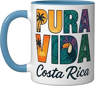 Pura Vida Costa Rica Toucan Ceramic Mug, Blue/White