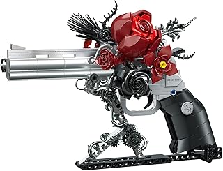 Guns & Petals Decorative Revolver Building Blocks with Red Roses, Silver and Black Colored Art Sculpture, Gothic Style Display Piece
