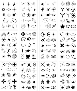 12 Sheets Star Moon Temporary Tattoos, Black Minimalist Line Art Cosmic Geometric Waterproof Body Art Stickers for Vacation, Party, Cosplay, and Daily Personal Body Decoration Styling